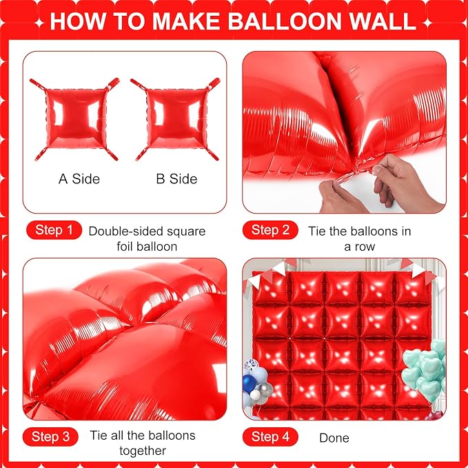 Red Square Foil Balloons 25 Pcs Metallic Red Balloons Wall Backdrop - Image 3
