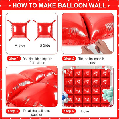 Red Square Foil Balloons 25 Pcs Metallic Red Balloons Wall Backdrop - Image 3