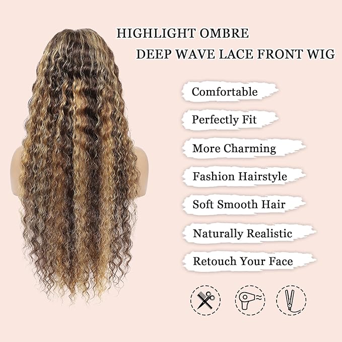 30 Inch Highlight Ombre Lace Front Wigs Human Hair 13x6 Honey Blonde Deep Wave Wig Human Hair 4/27 Glueless Deep Wave Human Hair Wigs Pre Plucked with Baby Hair for Women