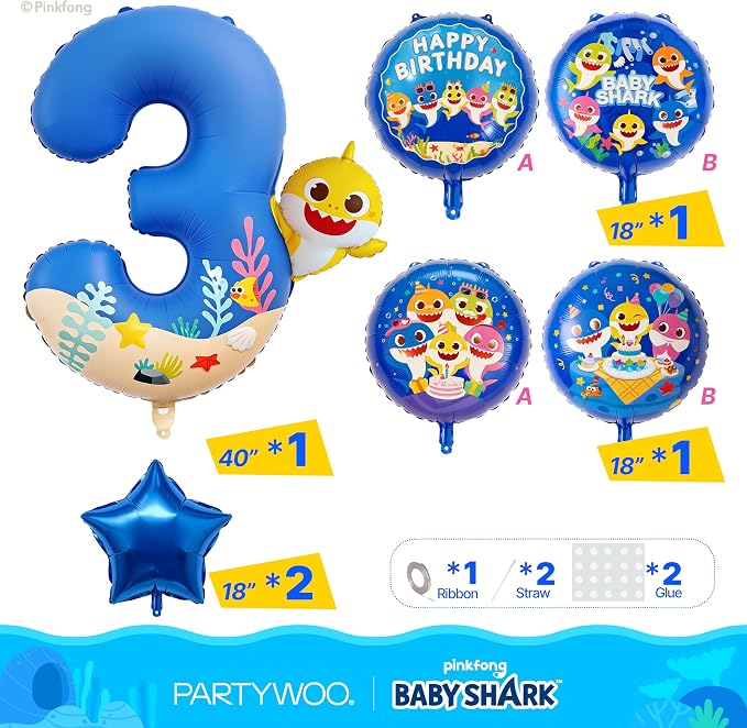 PartyWoo Baby Shark Blue Foil Round Star Mylar Number 3 Balloons 5pcs | Balloons - Image 3