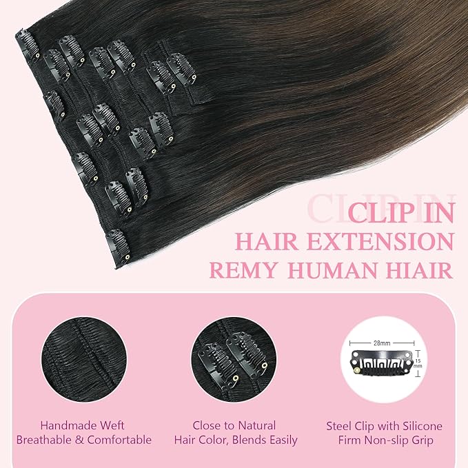 PINKPEARL Clip in Hair Extensions, 16 Inch 7pcs 120g #1BT4 Balayage Natural Black to Chocolate Brown, Hair Extensions Real Human Hair Clip Ins Natural Straight Hair for Women(#1BT4-16)