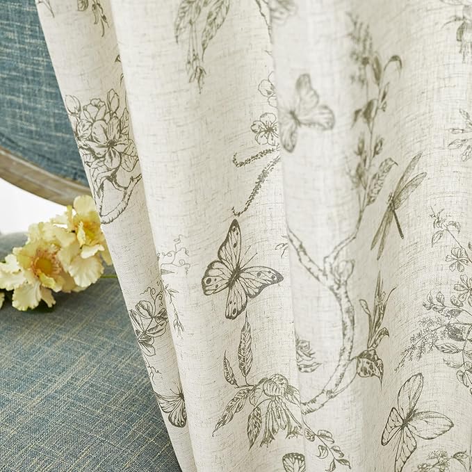 Green Floral Linen Curtains Farmhouse Rod Pocket 50W X 84L 2 Panels | Charlotte - Image 6
