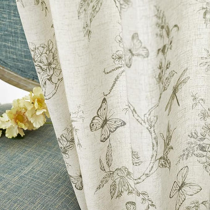 Green Floral Linen Curtains Farmhouse Rod Pocket 50W X 84L 2 Panels | Charlotte - Image 6