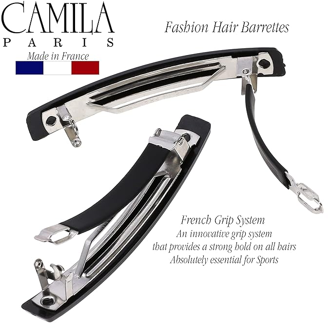Camila Paris AD2/2 French Hair Barrette Clip for Girls, Set of 2 Black Small Rubberized Metal Clasp Strong Hold Grip Hair Clips for Women, No Slip Styling Girls Hair Accessories, Made in France