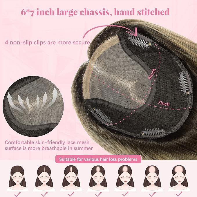 Hair Toppers for Women Real Human Hair 360°3D Cover Toppers Pieces for Women with Thinning 16inch 75g Dark Brown To Chestnut Brown Highlight Ash Blonde 6x7inch (#2/6/18Toppers-16inch)