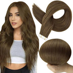 Full Shine Brown Tape in Hair Extensions Real Human Hair Color 3 Tape in Extensions 14 Inch Remy Extension Seamless Invisible Extension 50Gram Silky Straight Skin Weft 20Pcs for Wedding