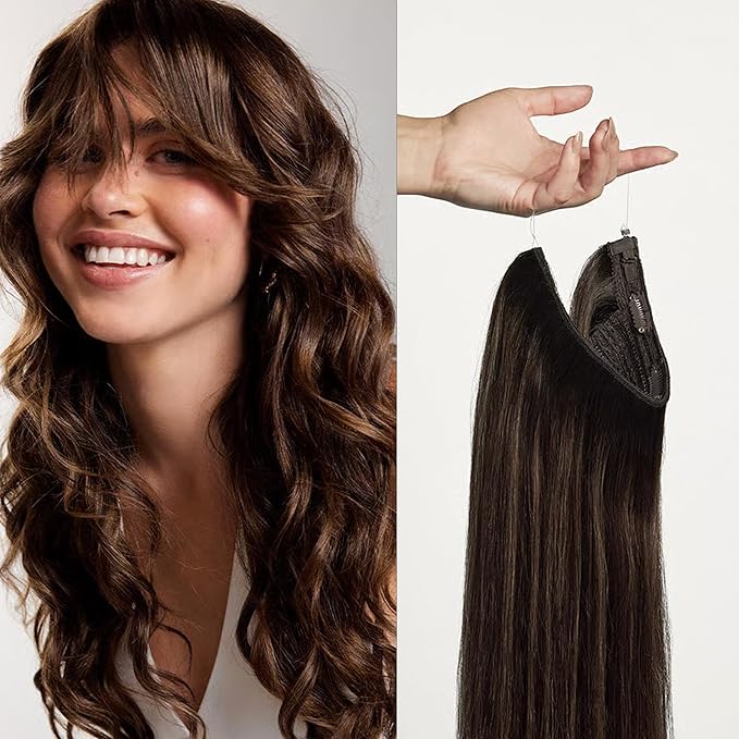 Luxy 100% Remy Human Hair – Halo Clip-In Hair Extensions –Natural Looking Volume & Length - One-Piece - Easy 5-Min Application 140 grams 16" Dimensional Rooted Honey Espresso