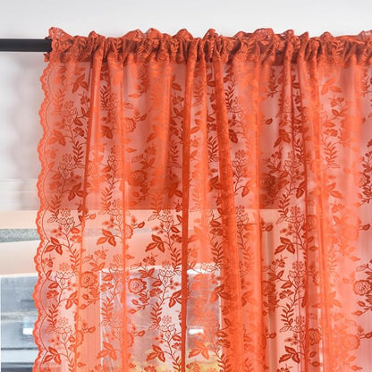 Burnt Orange Floral Lace Curtains - Image 2