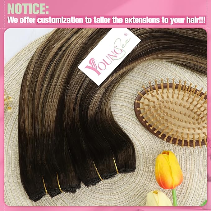 YoungSee Wire Human Hair Extensions Balayage Hair Extensions Wire Brown Fish Line Hair Extension Real Human Hair Balayage Chocolate Brown Mix Caramel Blonde Long Straight Hair 20In 100G