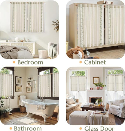 jinchan Green Floral Embroidered Short Linen Curtains 54×54 Inches 2 Panels | - Image 8