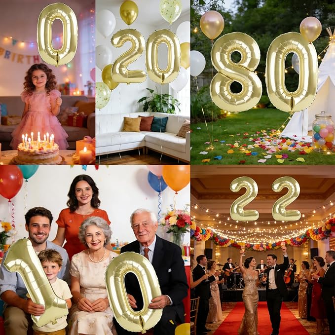 40 Inch Number 80 Balloons for 80th Birthday Party Decorations, 0-100 Champagne - Image 7