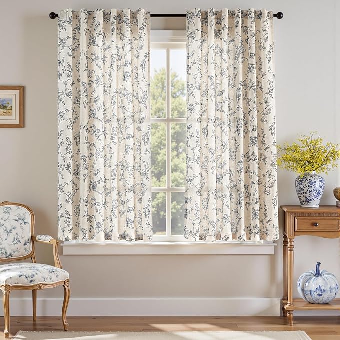 Blue Floral Linen Curtains Farmhouse Rod Pocket 50W X 63L 2 Panels | Charlotte - Image 2