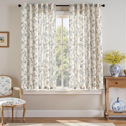 Blue Floral Linen Curtains Farmhouse Rod Pocket 50W X 63L 2 Panels | Charlotte - Image 2