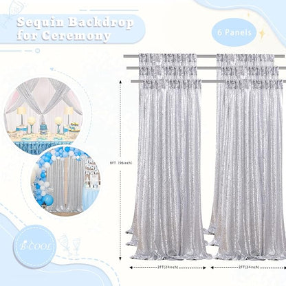 Silver Sequin Backdrop Curtains 6 Pcs 2ftx8ft Silver Curtains Background | - Image 3