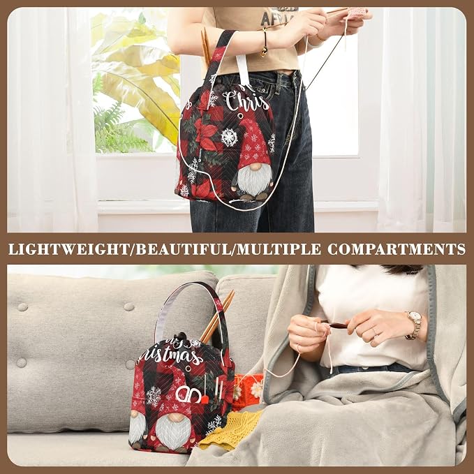Red and Black Checkered Christmas Gnomes Yarn Bag Small Crochet Bag Drawstring - Image 5
