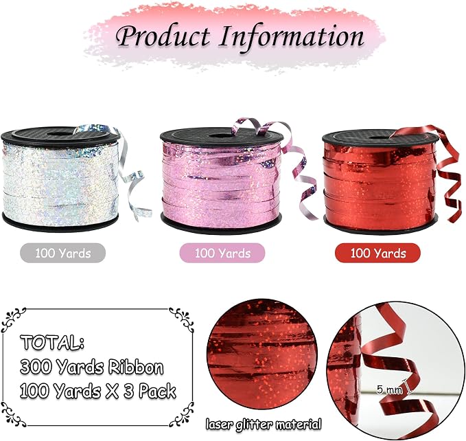 BEISHIDA Red Pink Silver Curling Ribbons Balloon String Ribbons - Image 2