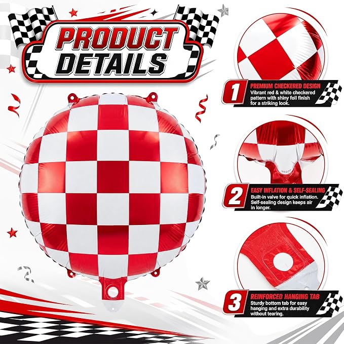 Gejoy 12 Pcs Checkered Foil Balloons Red White Gingham Plaid 18 Inch | - Image 3