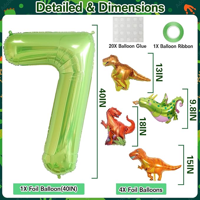 Dinosaur 7th Birthday Decorations 40 Inch Giant Green Number 7 Foil Balloon | - Image 2