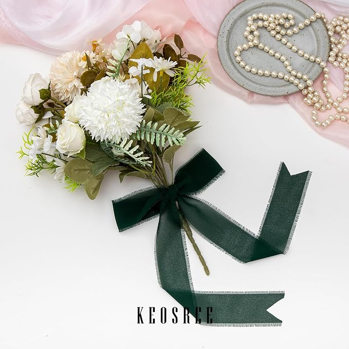 KEOSREE 3 Rolls Dark Green Handmade Chiffon Ribbon, 1.5" x21Yd | Frayed Fringe - Image 6