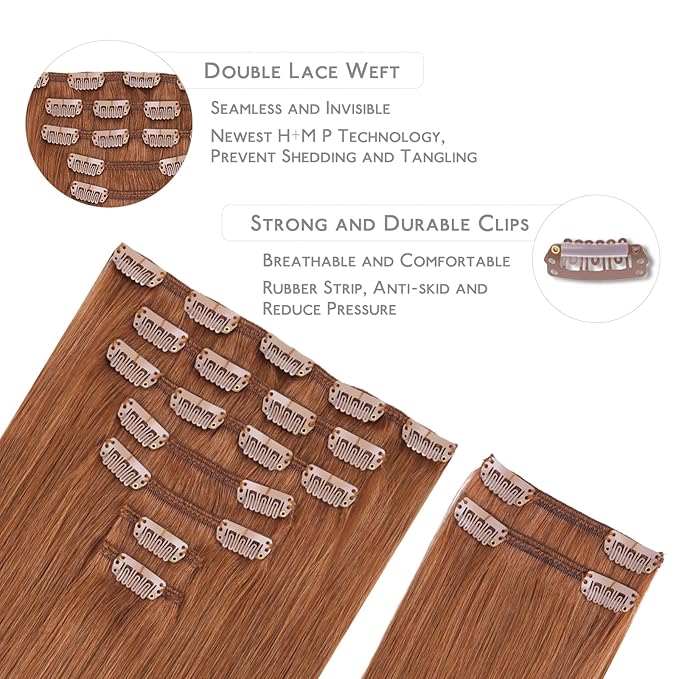 WENNALIFE Clip in Hair Extensions Real Human Hair, 20 Inch 150g 9pcs Cinnamon Terra Copper Remy Hair Thicker Double Weft Extensiones De Cabello Humano Con Clip Ins Straight Full Volume