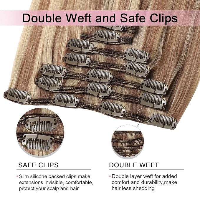 Pro2.0 Clip in Hair Extensions Real Human Hair 22inch 7pcs #10/16/16 Ash Brown to Caramel Blonde Real Hair Extensions Clip in Human Hair 120g Double Weft（#10/16/16-22inch）