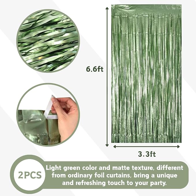 Matte Sage Green Tinsel Foil Curtains Backdrop Party Decorations | 2 PCS - Image 2