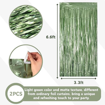 Matte Sage Green Tinsel Foil Curtains Backdrop Party Decorations | 2 PCS - Image 2