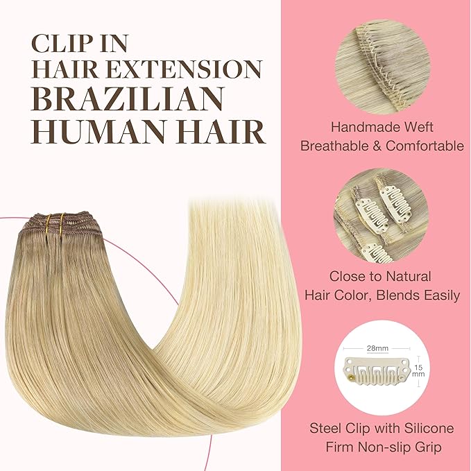 GOO GOO Clip in Hair Extensions Real Human Hair, Remy Human Hair Extensions Clip ins for Women, Natural Human Hair, 22inch 120g 7Pcs, #O7/60F