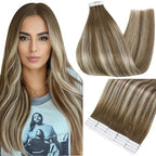 Full Shine Tape in Extensions 16 Inch Color 6 Brown Fading to 6 and 60 Blonde Invisible Double Sided Remy Tape Ins Human Hair Extensions 50 Grams Straight Seamless Soft and Silky 20 PCS for Wedding