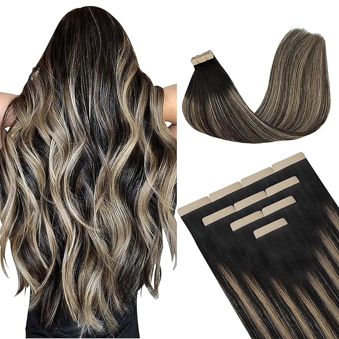 DOORES Tape in Hair Extensions Human Hair, Balayage Natural Black to Light Blonde 16 Inch 10pcs 25g, Remy Human Hair Tape in Natural Hair Extensions Straight
