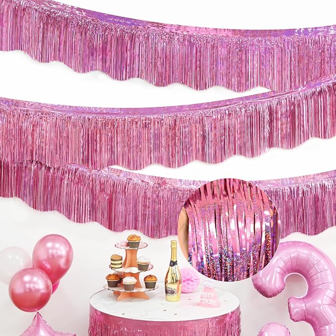 LOLStar Pink Foil Fringe Tinsel Garland, Tinsel Streamers Banner, 6 Pack | 60Ft - Image 2