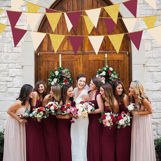 Burgundy Beige Gold Party Pennant Banner Flag Maroon Gold Hanging Glitter Paper - Image 9