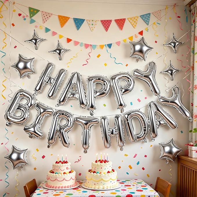Silver Happy Birthday Balloons Banner 16 Inch Mylar Foil Letters, 10 Inch Five - Image 7