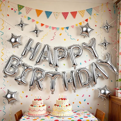 Silver Happy Birthday Balloons Banner 16 Inch Mylar Foil Letters, 10 Inch Five - Image 7