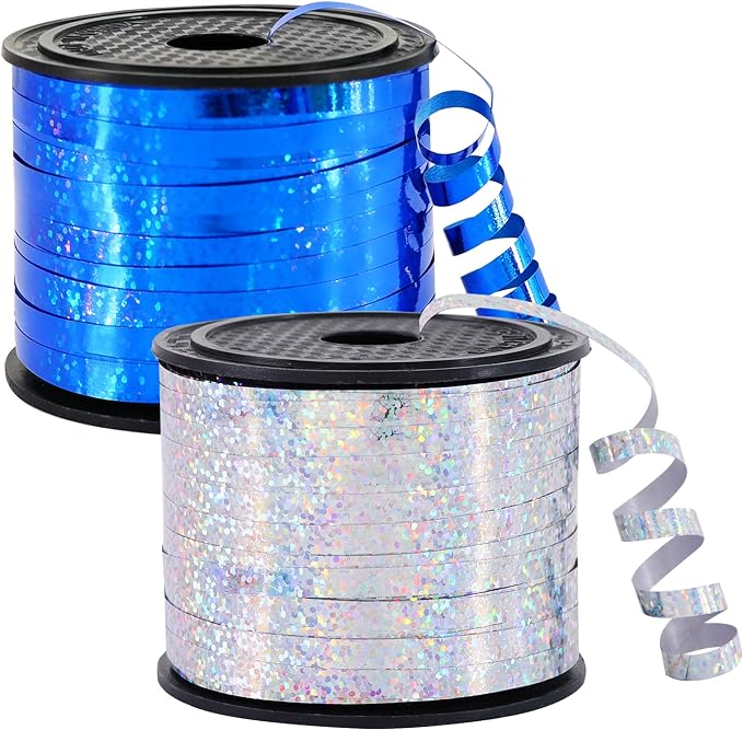BEISHIDA 2 Pack 100 Yards Blue Silver Curling Crimped Glitter Ribbon Balloon by Beishida