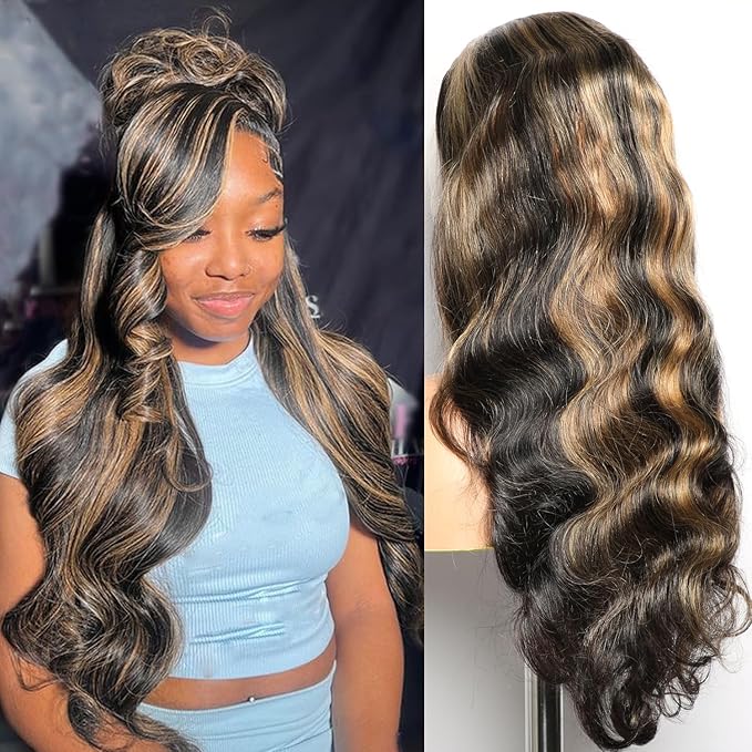 32 Inch Balayage Highlight Ombre Lace Front Wig Human Hair Honey Blonde 13x6 Body Wave HD Lace Front Wigs Human Hair Pre Plucked 200 Density 1b/27 Colored Lace Frontal Glueless Wigs for Women