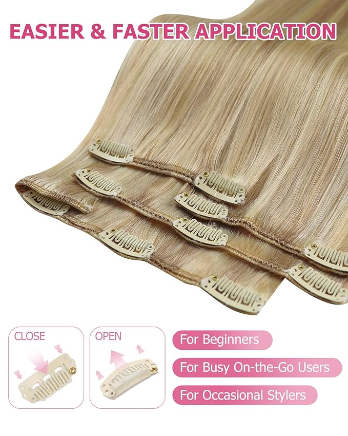 YoungSee Clip in Human Hair Extensions Blonde Clip on Hair Extension for Women Light Blonde Mixed Golden Blond Hair Extension Clip ins for Full Head 7Pcs 20In 120G