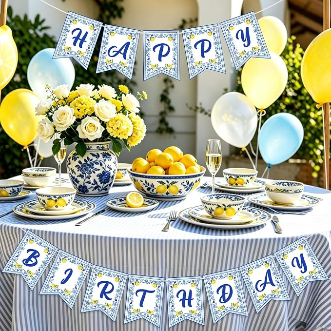 Lemon Happy Birthday Banner Blue Tiles Lemon Party Banner Triangle Flags Sign - Image 6