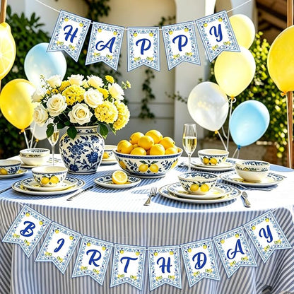 Lemon Happy Birthday Banner Blue Tiles Lemon Party Banner Triangle Flags Sign - Image 6
