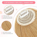 Clip in Bangs 100% Real Human Hair, French Bangs Hair Clip, Fake Bang Fringe with Temples Hairpieces for Women Daily Wear (Ash Blonde, French Bangs)