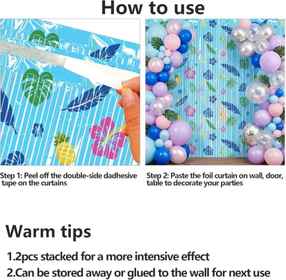 2 Packs Blue Foil Fringe Curtain, Hawaiian Element Pattern Metallic Tinsel - Image 7
