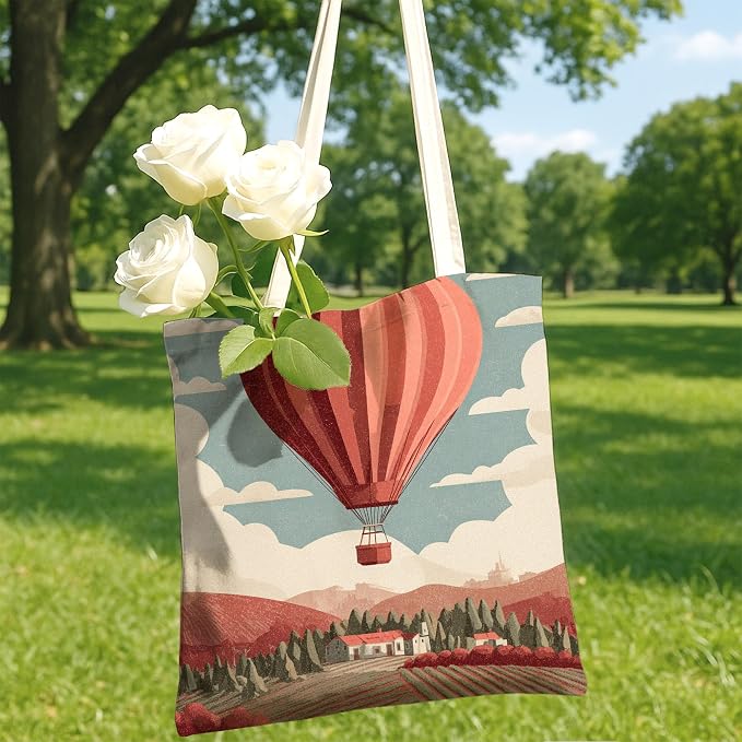 Vintage Hot Air Balloon Canvas Tote Bags, Artistic Landscape Reusable Grocery - Image 5