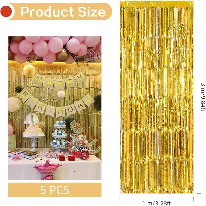 5 Pack Gold Foil Curtain Backdrop 3.2ft x 9.8ft Metallic Tinsel Foil Fringe - Image 3