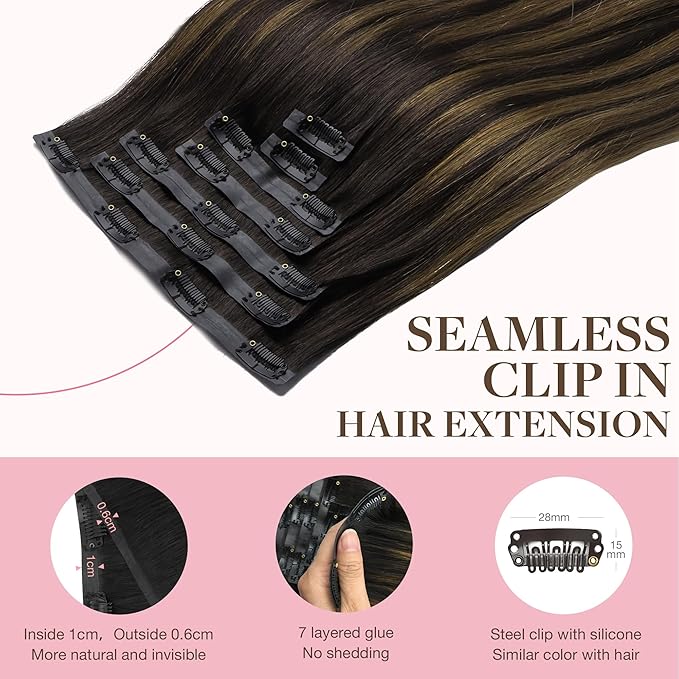 GOO GOO Clip in Hair Extensions Real Human Hair, Remy Human Hair Extensions Clip ins for Women, Natural Human Hair, 18inch 110g 7Pcs, 2/6/2 Balayage Dark Brown to Chestnut Brown
