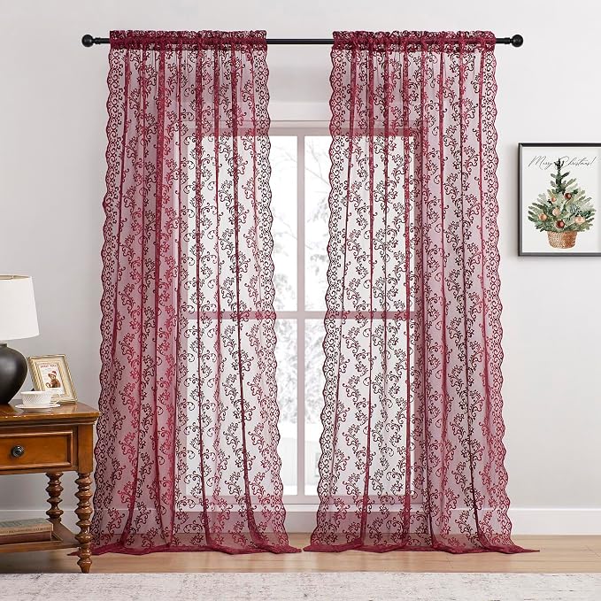 FOLKSIDE Burgundy Lace Curtains - Image 2