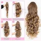 ALXNAN Ponytail Extension,24 Inch Claw Clip in Long Curly Wavy Dark Ash Blonde with Golden Ends Ponytail Hair Extension Jaw Clip on Pony Tails Hairpiece for Women