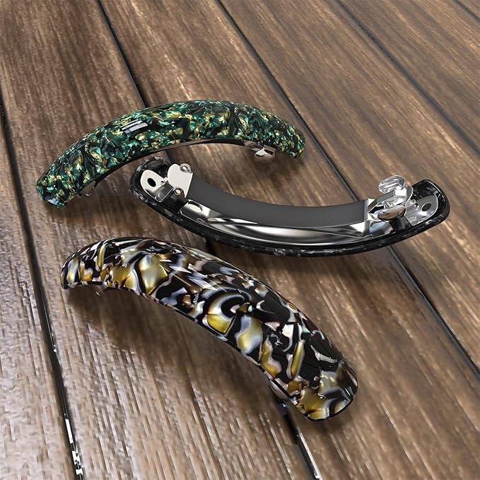 Large Hair Barrettes for Women Fine Thick Hair, French Barrette Hair Clips Ponytail Clamps Clasp Stylish Hair Accessories- 3Pcs (Black, Brown, Green)