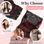 KooKaStyle Hair Extensions Black Mix Red Highlights 1B/113# Clip in Synthetic Highlight Long Wavy 4PCS Thick Hairpieces for Daily Use 24 Inch for Women
