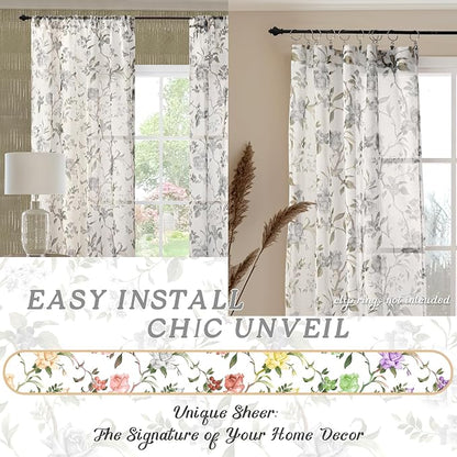 Sheer Curtains 45 Inch Length 2 Panels Set, Floral Patterned Linen Look - Image 7