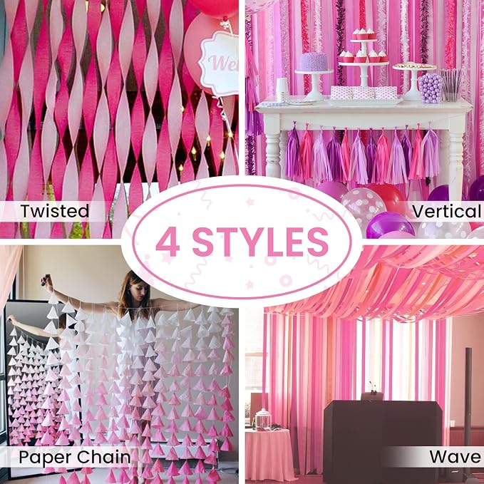 PartyWoo Pink Peach Light Hot Dark White Crepe Paper Streamers 6pcs 492 FT | - Image 6